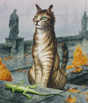 A striped cat sitting down, with a lizard in front of them, and a stone wall and some statues in the background.