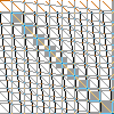 A gray grid with gray diagonal lines.  There are also gray squares on one of the diagonals, a bit misaligned with the grid, and a light orange diagonal line going over these squares.  There are also some slightly askew gray horizontal and black vertical lines, and the intersections between all of these things are dark orange, blue, and light orange.