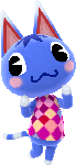A blue anthropomorphic cat with a large head wearing a shirt with a purplish diamond pattern.