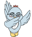 A drawing of a blue bird closing her eyes and blushing, with one wing covering her mouth.  She's wearing glasses.