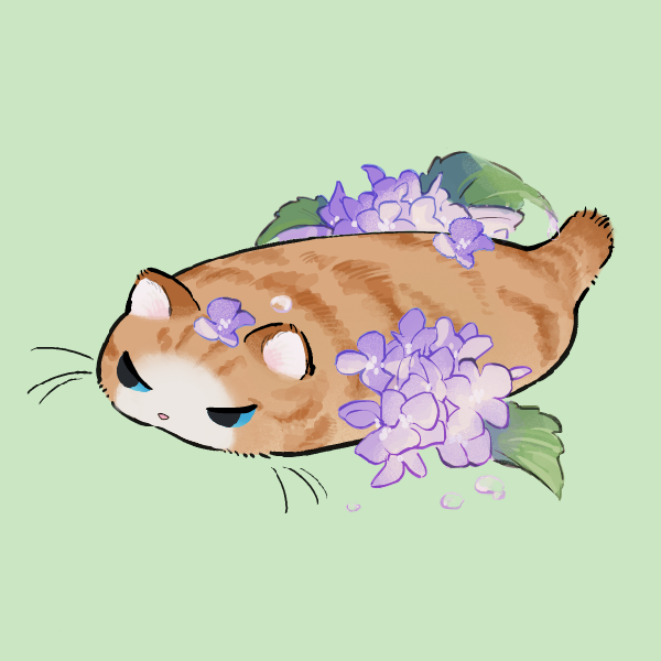 A flat orange cat with purple flowers around her