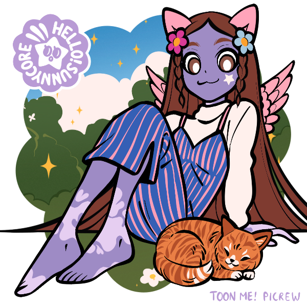 A catgirl with purple skin and angel wings, sitting in a field, wearing a blue-and-pink striped dress over a white shirt, with long hair that has braids in the front with a pink and a light blue flower at the top of them.  An orange cat is sleeping in front of the catgirl.