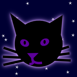A black silhouette of a cat's head with a dark purple glow surrounding it.  Behind this is a starry sky.  The cat's face is shown in dark purple
