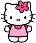 Hello Kitty (a white anthropomorphic simple cartoony cat) with a pink flower in her hair and wearing pink clothes.