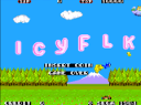 A scene with blue sky, clouds, and some trees and a mountain in the background, with pink letters "ICYFLK" in the middle.  There are also some black rectangles with white text which are not very readable, but the ones in the middle say "INSERT COIN" and "GAME OVER".