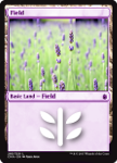 A Magic the Gathering card, which looks like a land but is a light purple color.  The symbol on the card is a flower with petals coming out of both sides.  The picture on the card is a field of lavender.