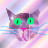 a cat face with a somewhat weird texture on a purplish pinkish gradient background (same gradient as the current avatar);