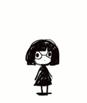A four-frame black-and-white animation that looks hand-drawn of a girl wearing a black dress jumping up and down.  She's wearing glasses.