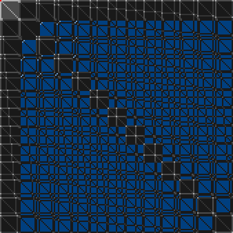 Blue, with multiple black grids overlayed on top of each other, some kind of diagonal. There's also a diagonal row of squares, and a big row and column of squares, that are black.