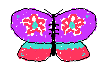 A butterfly whose top wing is purple and bottom wing is turquoise and a pinkish color.  Their top wings have flowers on them, and there are turquoise pawprints in the corners.