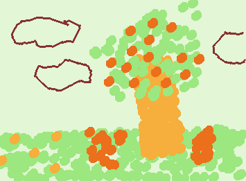 A tree in some grass, with red circles in it and some more red circles on the ground.  Are they apples?  Red leaves?  Who can say?