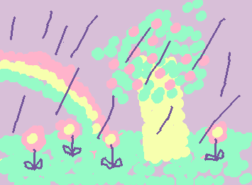 The same tree again, but this time it has pink circles, presumably flowers.  There are also more flowers growing on the ground, and a rainbow in the sky.  It's raining.