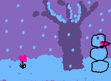 The same tree, but it's snowy and dark and there's no leaves on the tree.  However, there's a snowman, and a single pink flower is blooming.