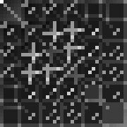 A different grid, with fewer rows and columns, this one completely grayscale.  There's a square moving down and to the right, and some weird crossing line segments following it.