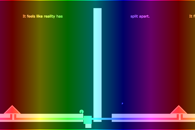 Screenshot of the first level, which has some pink on the left, then red where the portal is, then as you go to the right it cycles through yellow, green, blue, magenta, and back to red where the next portal is, and then starts going to yellow.