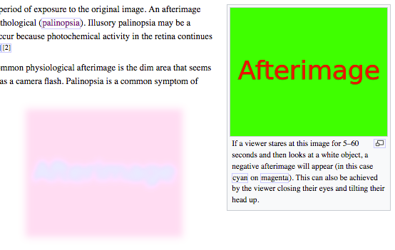 [Screenshot including an image with the word "Afterimage" in red on a green background.  Next to it is a blurry pink rectangle the same size as the green background, with some blurry cyan in the middle, not clear enough to read.]