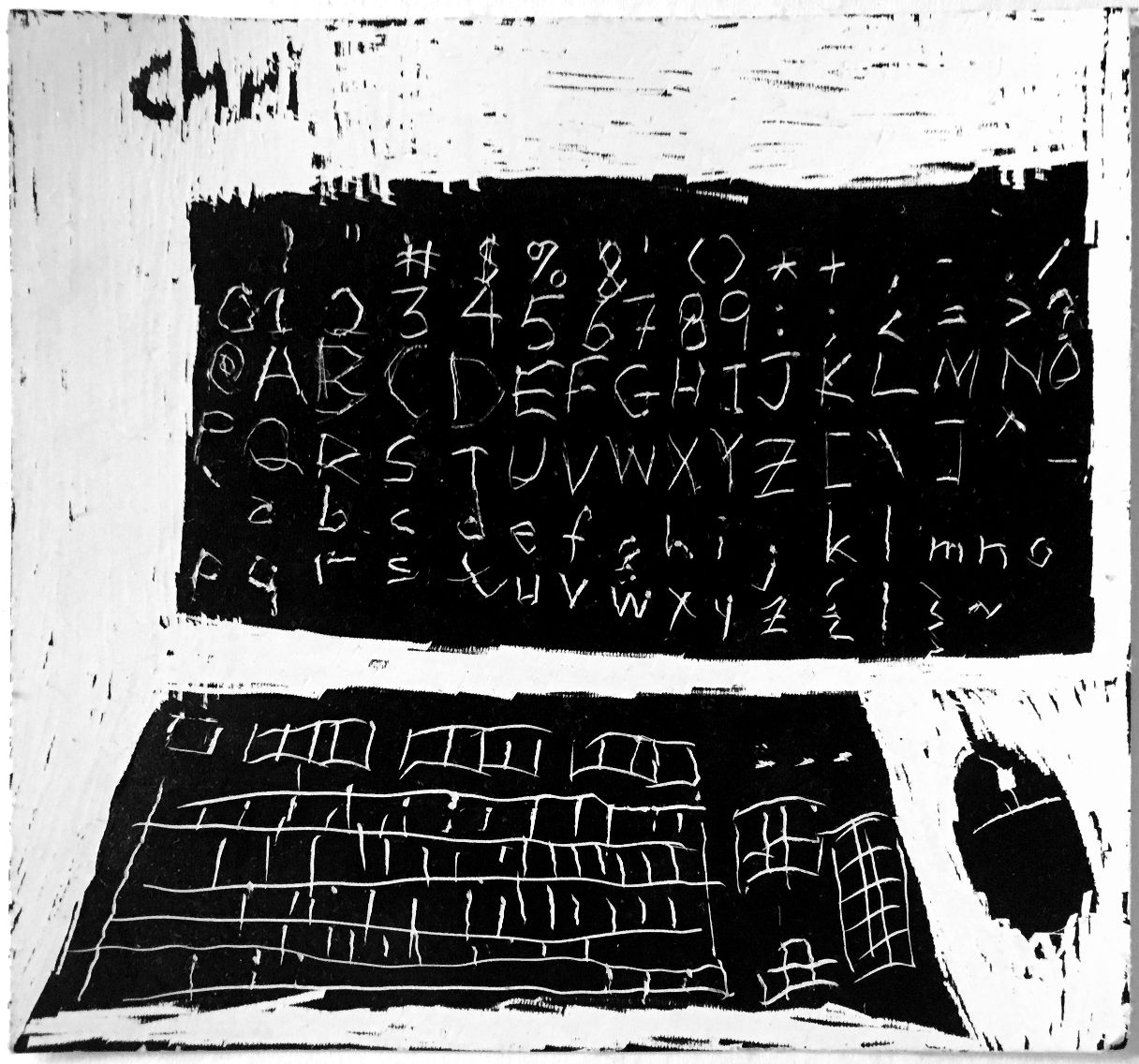 The background is white, though there are also some black places.  There is a black computer, with a full keyboard and a mouse.  On the computer screen are a bunch of symbols, digits, and letters, in a grid, white on black.