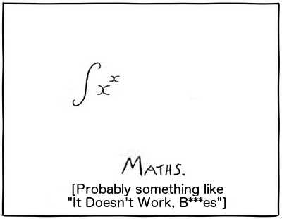 Integral of x to the power of x; caption "Maths, [probably something like, 'It doesn't work, b***s']"