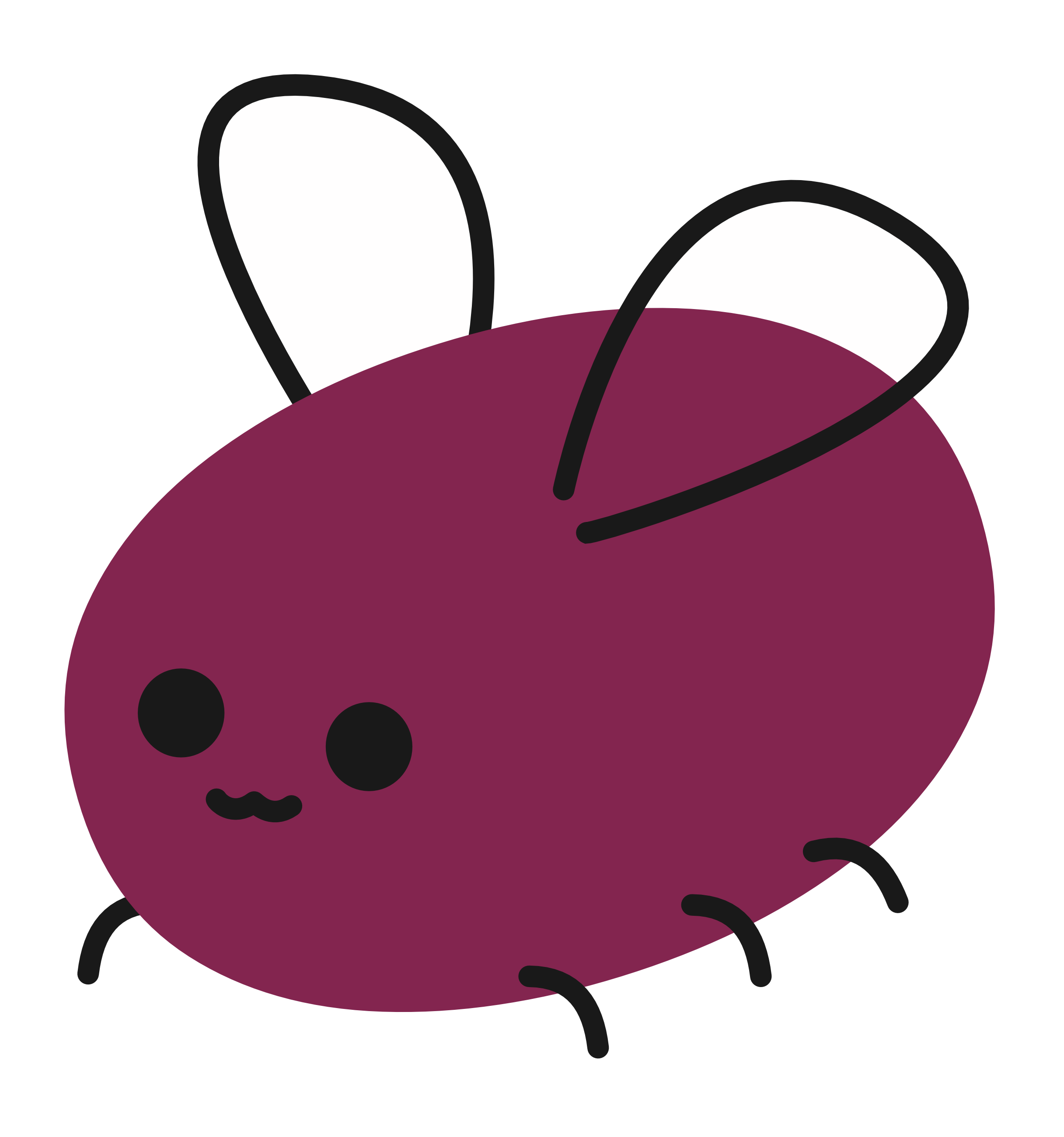 A purplish bug with wings drawn on, a :3 face, and six legs, two of which are hidden behind the bug