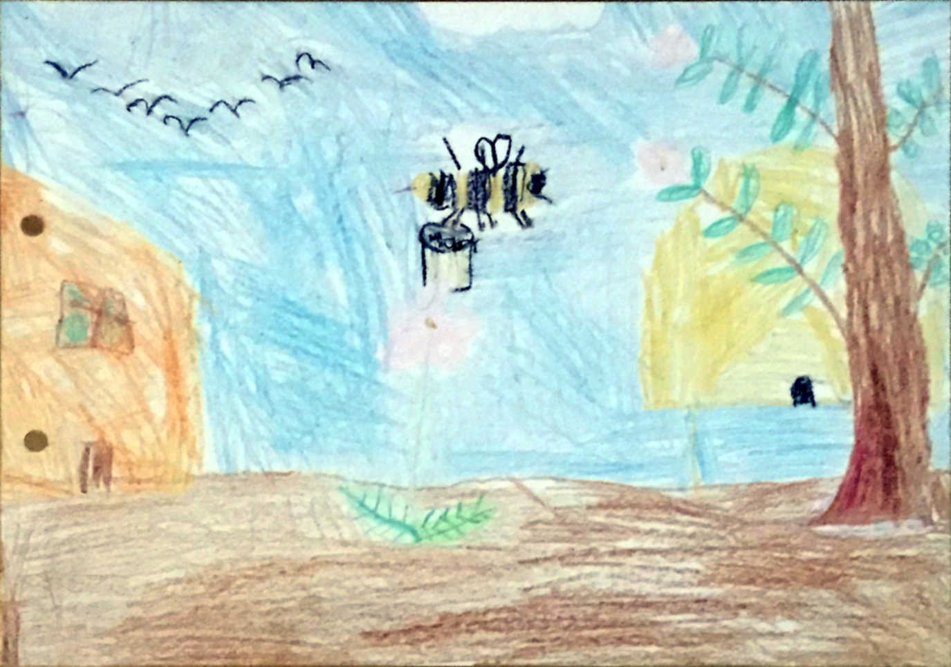 A scene during the day.  The ground is brown, with no grass or pavement or water nearby.  In the middle is a pink flower, and above it is a bee carrying some sort of container.  On the left is an orange building.  On the right is a yellow structure which is supposed to be a beehive; in front of it is a tree.  There's also a flock of birds in a V formation.