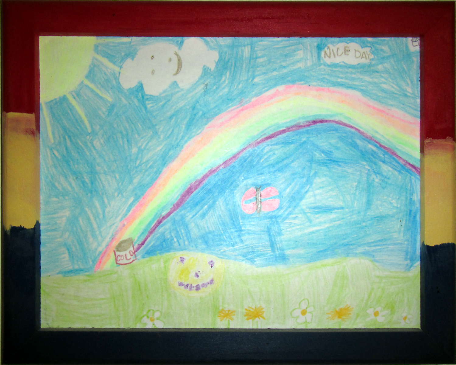 A grassy field with blue sky and a rainbow.  In the upper-left corner, there's a yellow sun.  There's a small pot of gold at the end of the rainbow.  There are two clouds in the sky, one of which says ":-)" and the other says, in uppercase letters, "Nice day".  Below the rainbow there's a pink butterfly with blue stripes on zir wings.  At the bottom of the field are yellow and white flowers, and above that there are purple and yellow flowers in the shape of a smiley face.