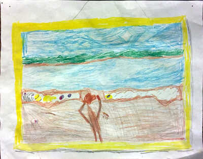 A scene at the beach.  Not a sunset this time; it's daytime, and the sun is visible, and white and non-cartoony.  Across the water is some green and brown land.  Along the edge of the beach are some seashells, some of which have yellow and/or purple on them.  There's a shadow of a person holding a camera.  The picture is surrounded by a frame; the whole thing, including the frame, is drawn in colored pencil.