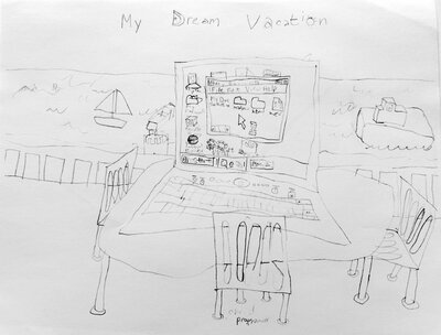 A balcony overlooking a beach and ocean, with a sandcastle and some boats visible.  On the balcony is a laptop computer, centered in the picture, showing a Windows 98 desktop and My Documents folder.