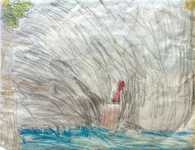A scene with a gray sky, some blue water at the bottom, and a tree on the left.  The top of the tree has individual leaves drawn.  There is something brown in the water that's hard to tell what it is.