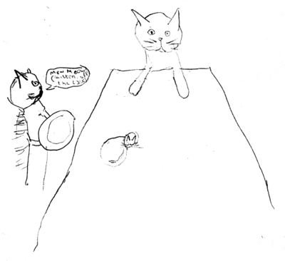 Three cats.  Two of them are standing upright like humans; one of those is at a table, and the other is holding a plate.  There's also a kitten curled up on the table, and the cat holding the plate is saying "Mew meow! (Kitten, off the table)".