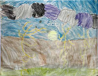 A scene with a long cloud along the top with sections that are black, gray, and purple, and a bunch of yellow lightning bolts coming down from them.  There is also a yellow circle in the middle.