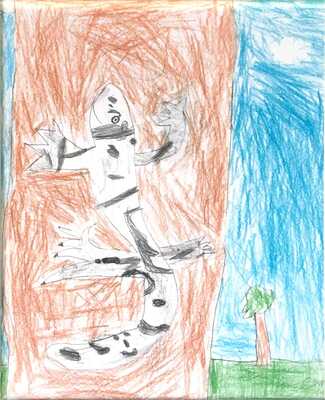 A white lizard with black spots, on the side of a tree.  There's also another tree in the background.  Some of the spots make a smiley face.
