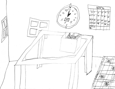 A room with a table, some windows, and a clock and calendar on the walls.  The clock and calendar are showing 1:00 PM November 28, 1999, and the table has a tall box divided into sections.  There's another room on the right with a slightly raised floor with a pattern on it.