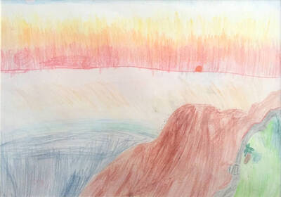 A sunset over the ocean.  The sky is red, orange, yellow, and white, with a slight bit of blue at the top; most of the sky is made with vertical pencil strokes.  The sun is red, and is halfway below the horizon.  The top part of the ocean is reflecting the colors in the sky, but paler, with diagonal pencil strokes.  Below that is some blue.  On the right side is a beach, and a gray wall, and then some grass with a tiny palm tree on it.