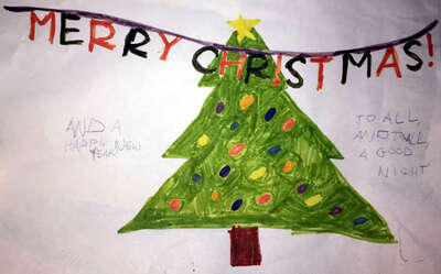 A green Christmas tree with circular ornaments of various colors hanging on it.  In front of that, the phrase "MERRY CHRISTMAS!" is hanging on a thing, with letter alternating between red and black (or is that brown?).  On one side of the tree, it says, "TO ALL, AND TO ALL A GOOD NIGHT!", and on the other side, it says, "AND A HAPPY NEW YEAR!"