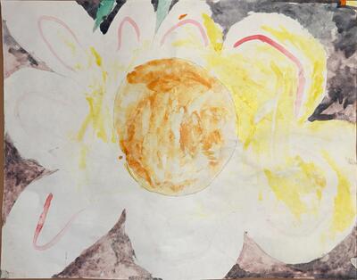 An eight-petalled flower filling up the whole image, over a black background.  The center of the flower is orange.  Part of the flower is yellow and part is white, and there are pinkish reddish highlights.