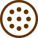 A dark brown outline of a circle, filled in with white.  Inside it are nine other circles, the same shade of brown as the outline.