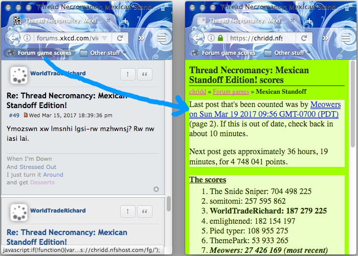 (for example, with the Thread Necromancy Mexican Standoff thread open, clicking this bookmarklet takes you to the Thread Necromancy Mexican Standoff scores)