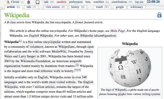 The main page of Wikipedia, in the older MonoBook theme, but in a serif font with a lot of blue rectangular outlines and a couple extra tabs at the top.