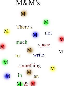 There are M's scattered throughout the image, with various colored blurry dots behind them.  There's also some text, with large amounts of space between each word (and some M's between some of the words); the text says, "There's not much space to write something in an M & M".  The M's in "M & M" have green and red dots, respectively, behind them.